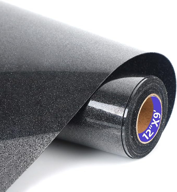 Black Glitter HTV Heat Transfer Vinyl Rolls12inch by 9feet PU Stretch Iron on by SHOMKIEE