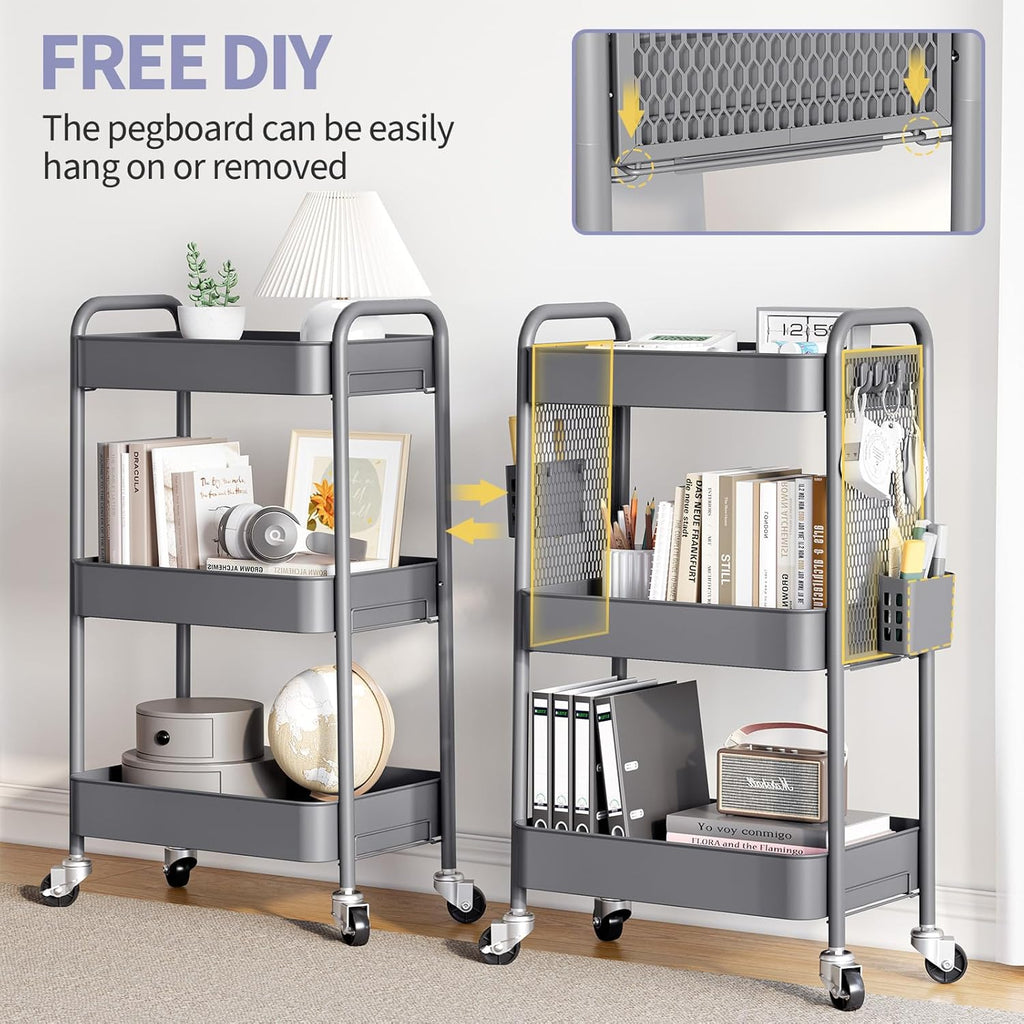TOOLF 3 Tier Rolling Cart Storage Organizer, Metal Rolling Utility Cart with Wheels, Hooks & Bins Esthetician Craft Art Sturdy Storage with Pegboard for Bathroom, Kitchen, Office, Nursery Diaper