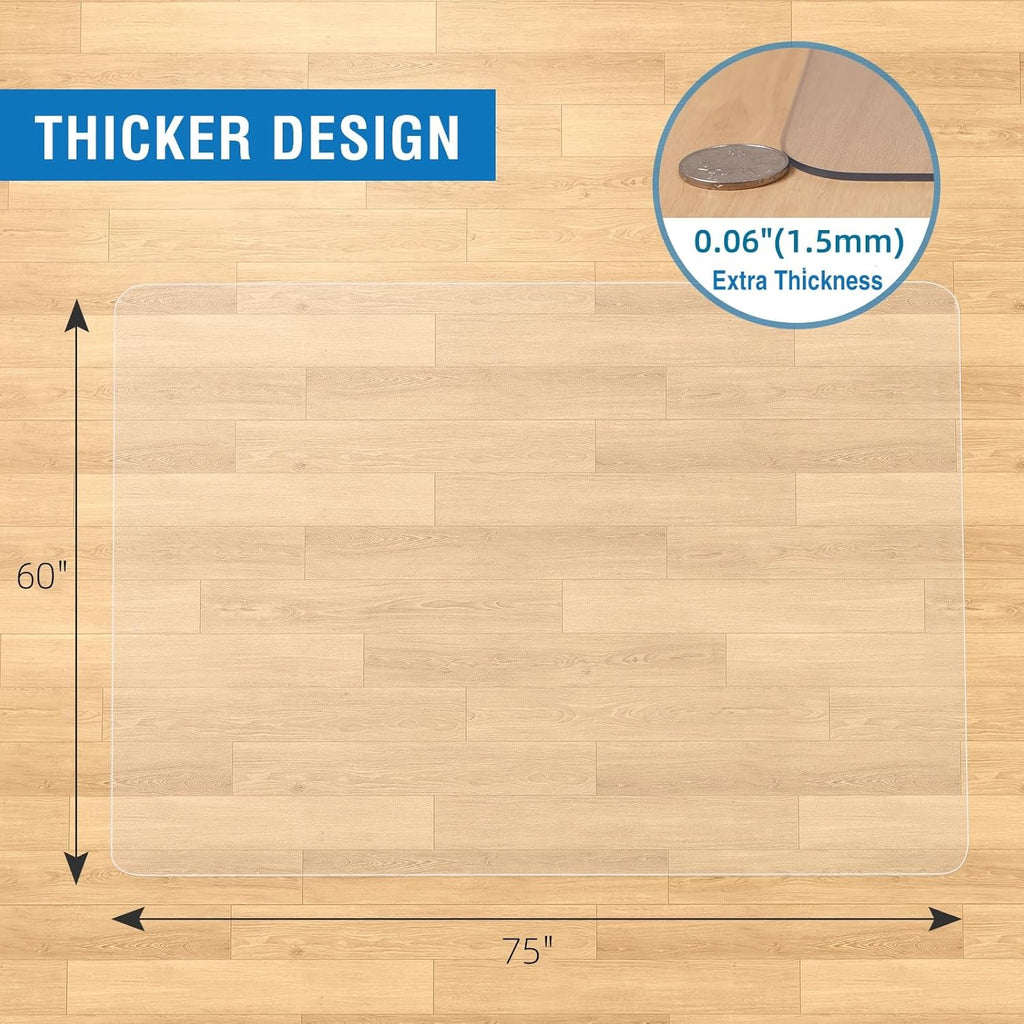 Clear Chair Mat, 75" x 60" Large Chair Mat for Hard Floors, Easy Glide Desk Mat for Rolling Chair, Anti-Slip Vinyl Floor Mat for Home Office Living Room, Clear