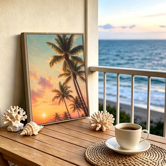 Pastel Sunset Palm Tree Canvas Wall Art Tropical Summer Beach Sunset Painting - Image 2