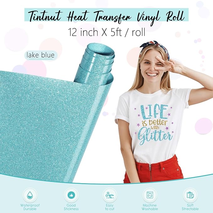 Tintnut Mermaid Blue Glitter Heat Transfer Vinyl Roll, easy cut & weed - Image 2