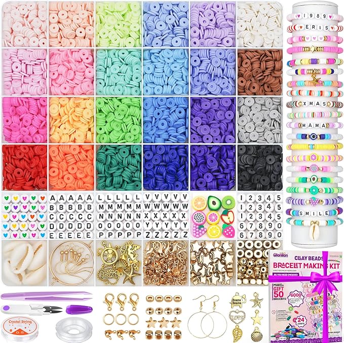 Gionlion 6000 Clay Beads Bracelet Making Kit, 24 Colors Flat Preppy Beads by Gionlion