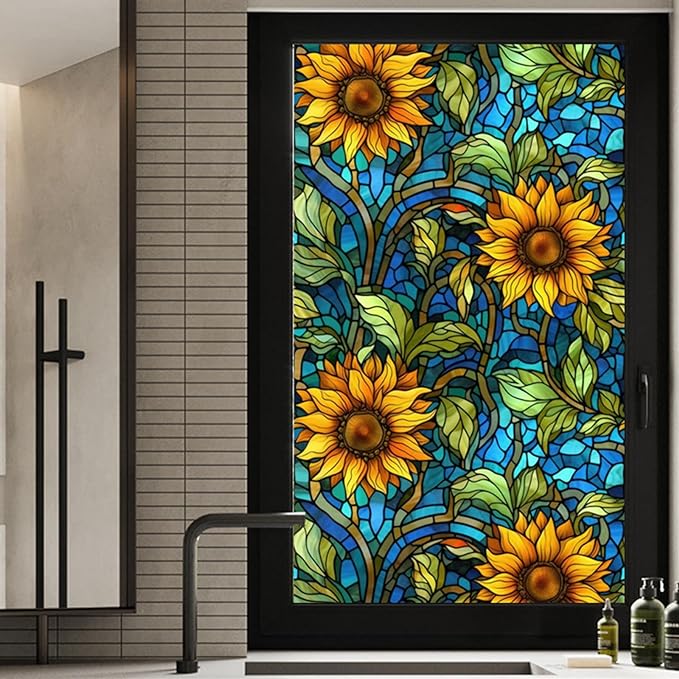 Sunflower Stained Glass Window Film, Non Adhesive Privacy Film, Stained Glass by WBQMUNY