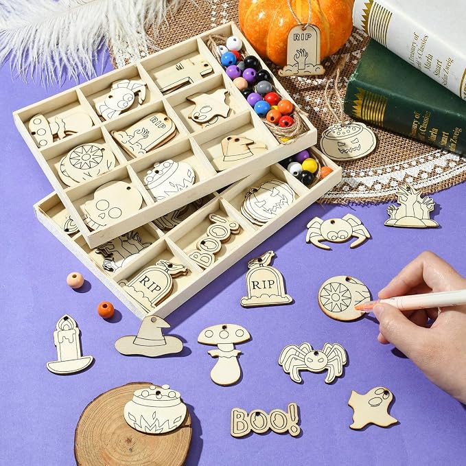 54 pcs Mixed Styles Halloween Theme Unfinished Wood Cutout Charms Cross Spider - Image 4