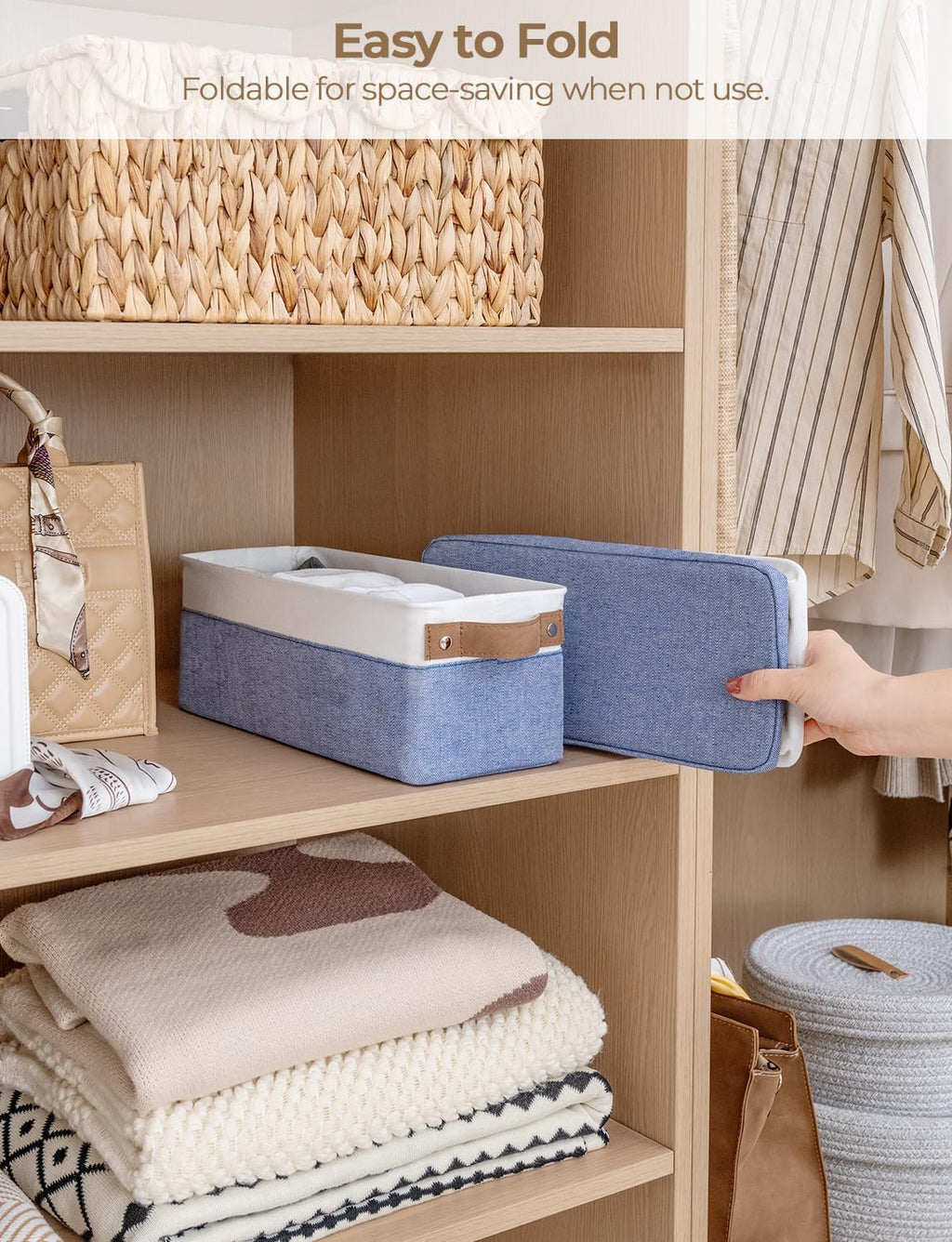 StorageWorks Narrow Storage Bins, Small Basket for Closet and Shelves, Fabric Organizer with Handles, Toilet Paper Storage, Blue and White, 2-Pack