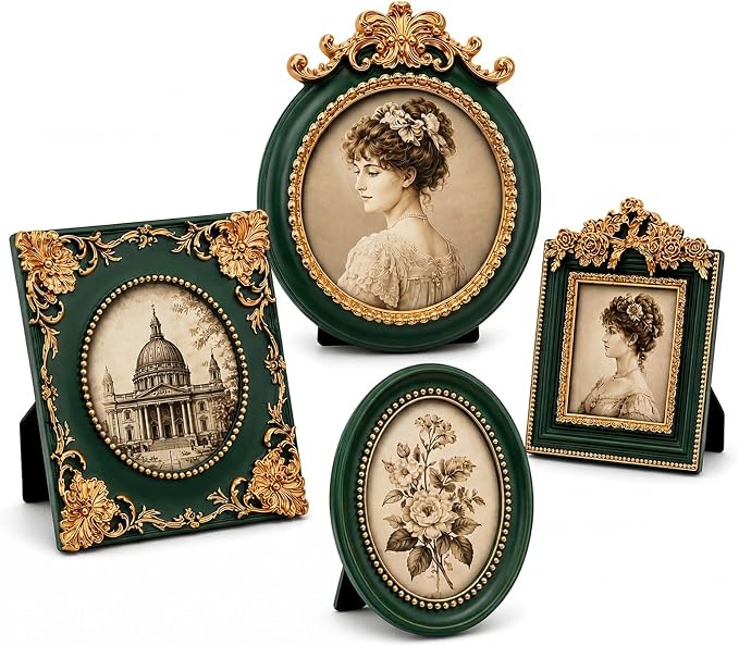 Qunclay Vintage Mini Picture Frames Set of 4, Round Rectangle Ornate Small by Qunclay