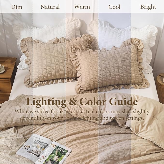 JOLLYVOGUE Queen Comforter Set, 3 Pieces Khaki Seersucker Comforters Queen Size - Image 8