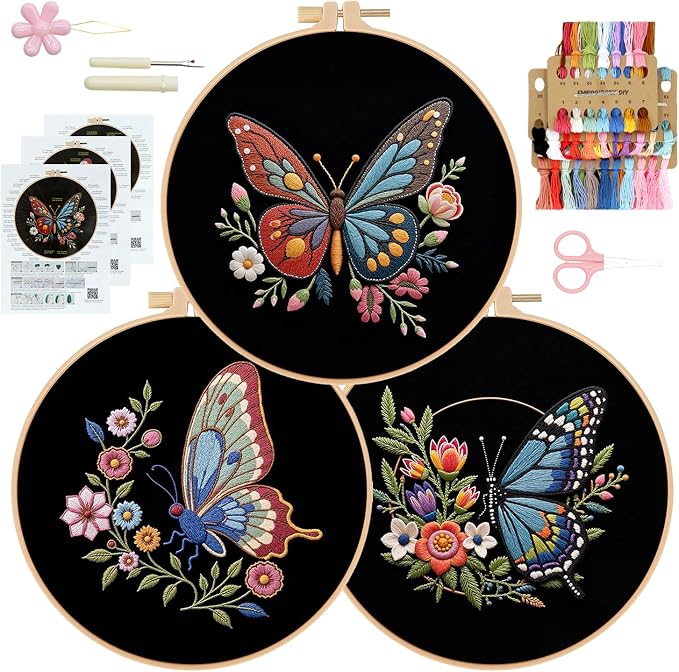 RidaaFri Embroidery Kit for Beginners, 3 Pk Stamped Butterfly DIY Craft Supplies by RidaaFri