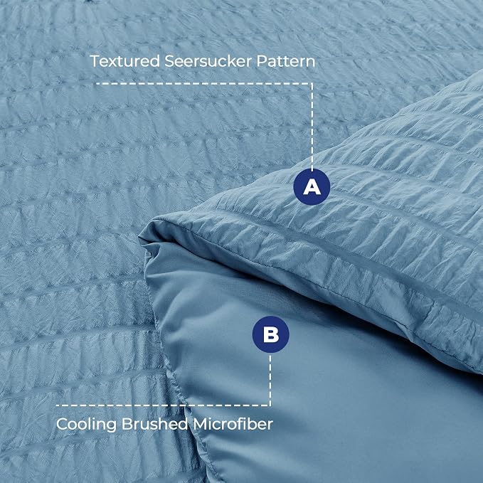 HYMOKEGE Mineral Blue Duvet Cover Full Size, Ultra Soft 3-Piece Seersucker - Image 3