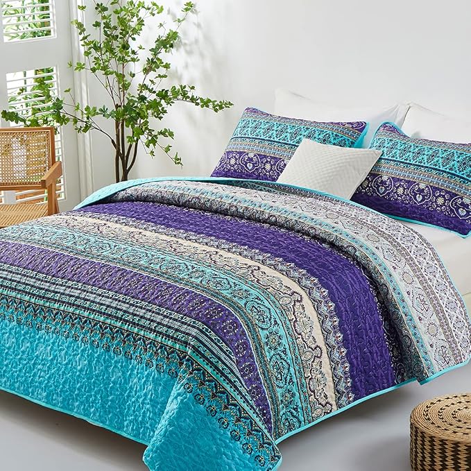 WONGS BEDDING Boho Queen Quilt Set, Lightweight Microfiber Bed Decor Bedspread - Image 2