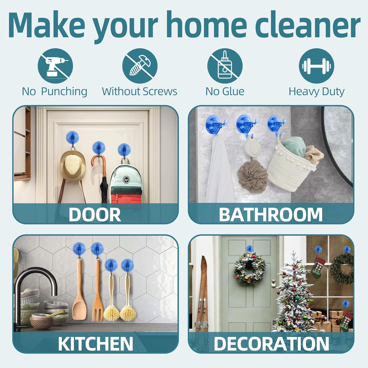 Antimbee Suction Hooks, 5 Pack Clear Hanger, Removable Small Suction Cups for Shower, Bathroom, Glass, Door, Windows, Kitchen - Up to 11 lbs on Smooth Surface - 2 Hooks Design (Transparent Blue)