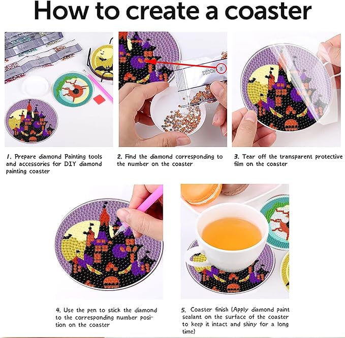 Clendo 8 PCS Halloween Diamond Art Coasters Kits, Cute Diamond Painting Coaster - Image 9