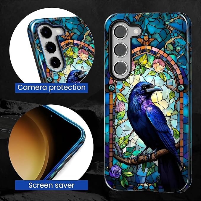 for Samsung Galaxy S23 Case, Crow Faux Stained Glass Pattern Glossy 2 in 1 - Image 6