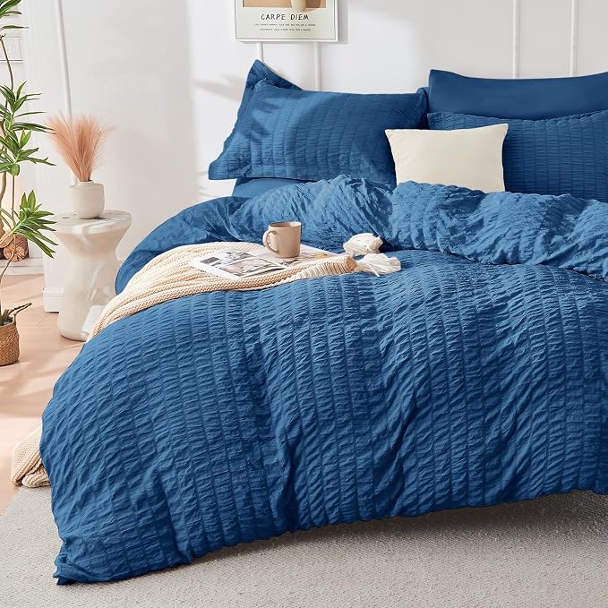 HYMOKEGE Teal Duvet Cover Full Size, Ultra Soft 3-Piece Seersucker Duvet Cover by HYMOKEGE