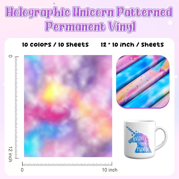 Holographic Permanent Adhesive Vinyl 10 Sheets 12'' x 10'' | Unicorn Patterns - Image 2