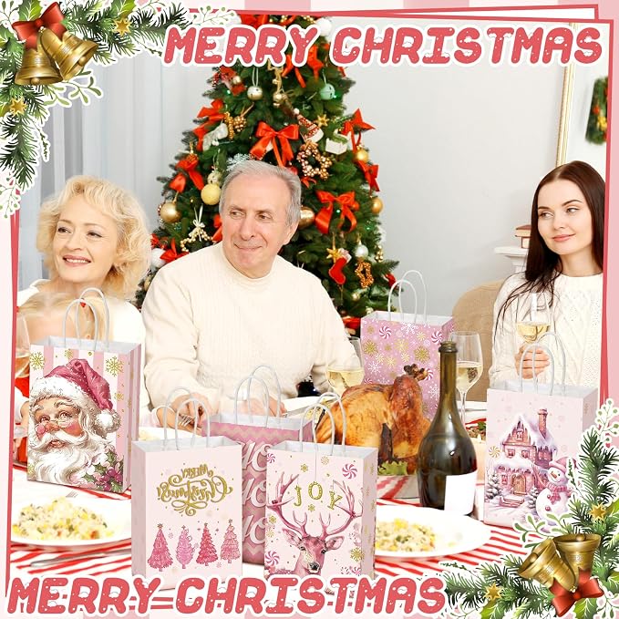 Kolldenn 24 Pcs Pink Christmas Party Favors Bags Christmas Goodie Gift Bags - Image 6