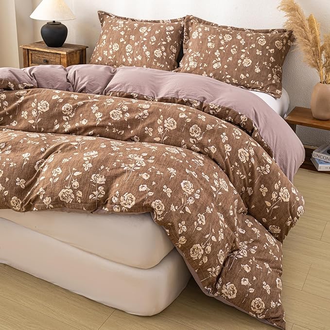 OAITE Brown Flower King Size Duvet Cover-3 Pieces Prewashed Cotton-Like - Image 5