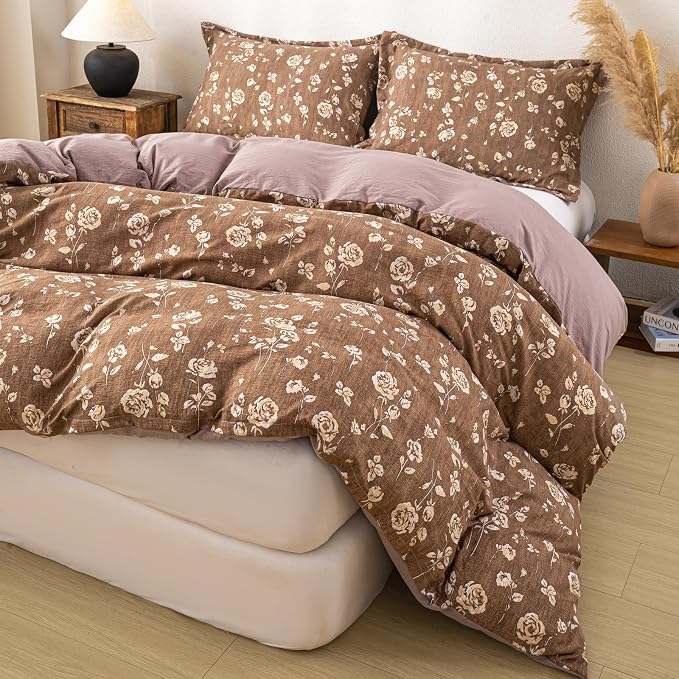 OAITE Brown Flower Queen Size Duvet Cover-3 Pieces Prewashed Cotton-Like - Image 5