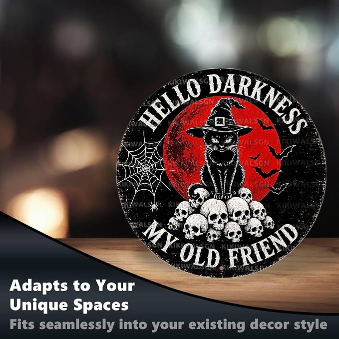 Gothic Black Cat Skull Halloween Metal Tin Sign Round Wall Decor Blood Moon - Image 6