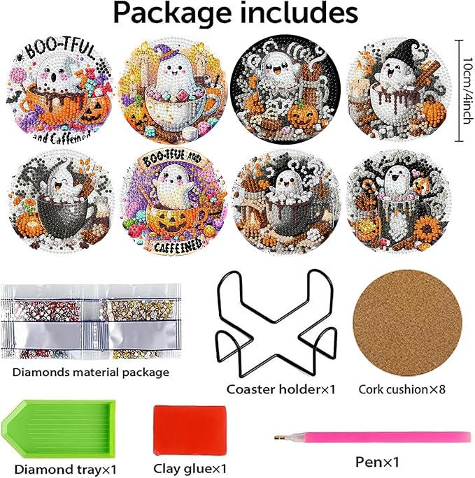 8 PCS Halloween Diamond Art Coasters Kits, Ghost Diamond Painting Coaster | - Image 2