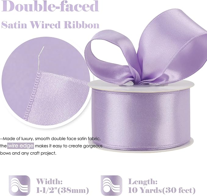 HUIHUANG Lavender Satin Wired Ribbon 1-1/2 inch Lavender Purple Wire Edge Ribbon - Image 2