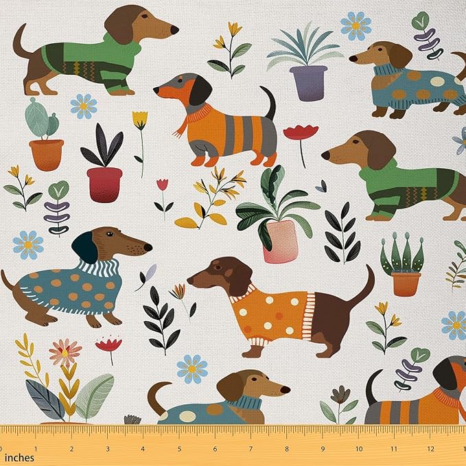 Cartoon Dachshund Fabric by The Yard, Lovely Puppy Dog Soft Flannel Polyester by CastleFairy