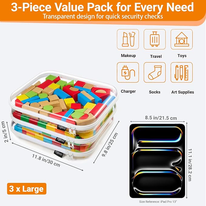 YQBRAO 3-Pack Large Clear Hard Shell Zipper Case, 1.2mm Rigid Toy & Cosmetic - Image 4