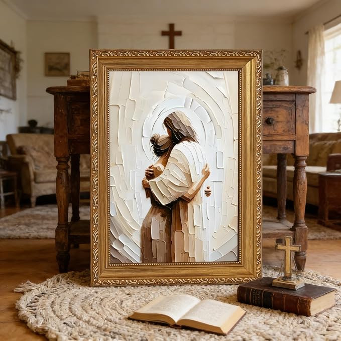 Vintage Gold Framed Jesus Wall Art Jesus Embracing Woman Wall Decor Safe in His - Image 4