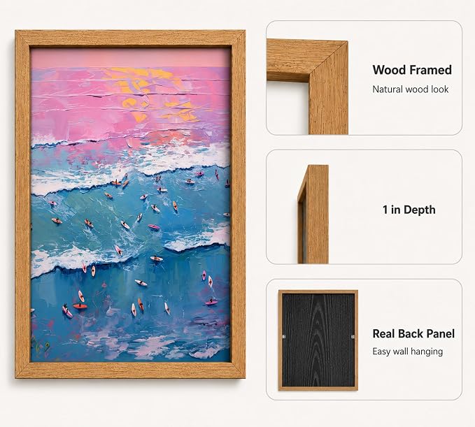 Framed Pink Beach Canvas Wall Art, Pastel Surfing Painting Picture Wall Decor - Image 4