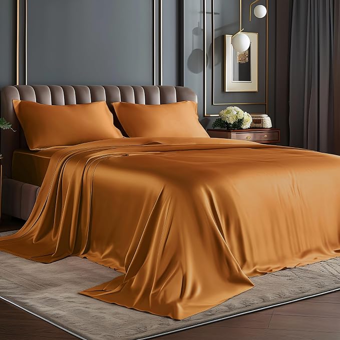 BEDELITE California King Sheets Set, Luxury Soft Burnt Orange Satin Sheets by BEDELITE