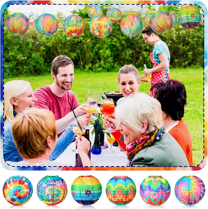 Panelee 12 Pcs Tie Dye Party Decorations Paper Lanterns 8 Inch Hanging Round - Image 5