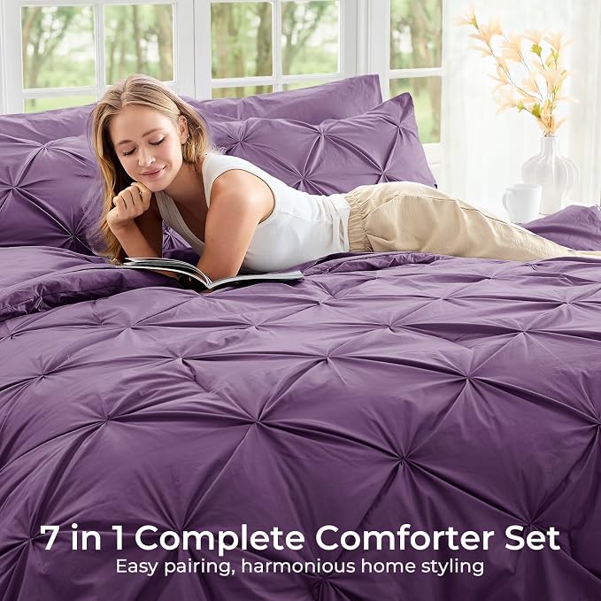 Sasttie California King Comforter Set, 7-Piece Bed in a Bag Cal King, Pintuck - Image 6