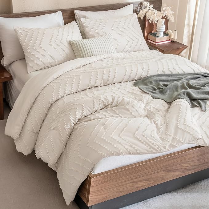 Andency Queen Comforter Set Beige, Comforters Queen Size Boho Cream Soft Warm by Andency