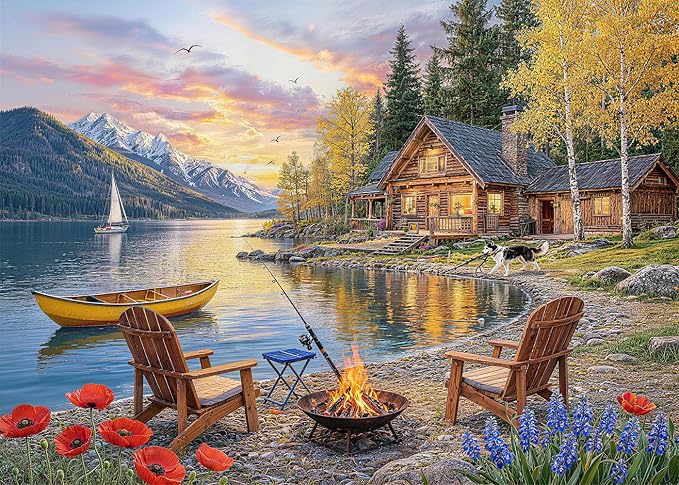 Sunset Lake Cabin Puzzles for Adults 1000 Pieces, Challenging Jigsaw Puzzles by FLYHOUR