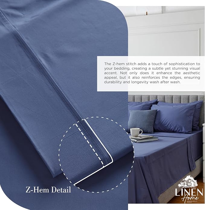 Linen Home 100% Cotton Percale Sheets California King Size, Dark Blue, Deep - Image 3