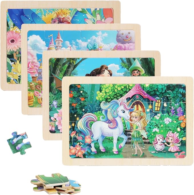 4 Sets of Wooden Puzzles, Each Set has 24 Pieces, Including Castle Unicorn by Unknown
