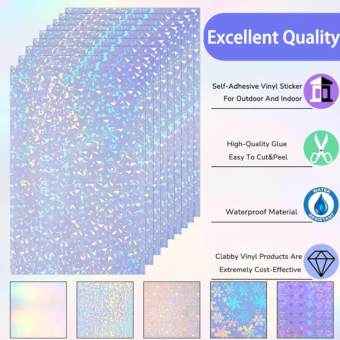 Clabby 36 Sheets Holographic Sticker Paper A4 Vinyl Holographic Laminate Sheets - Image 3