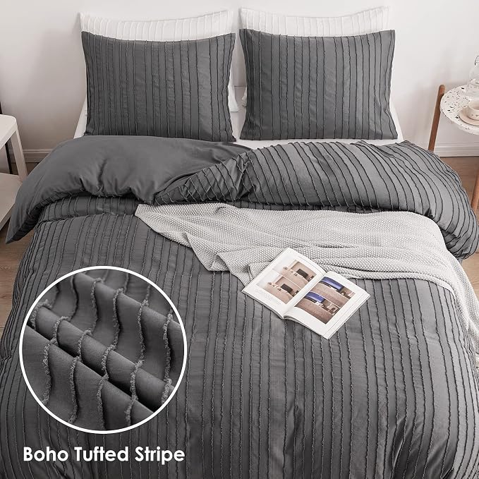 WARMDERN Gray Boho Duvet Cover Set Queen Size, Striped Textured Duvet Cover - Image 2