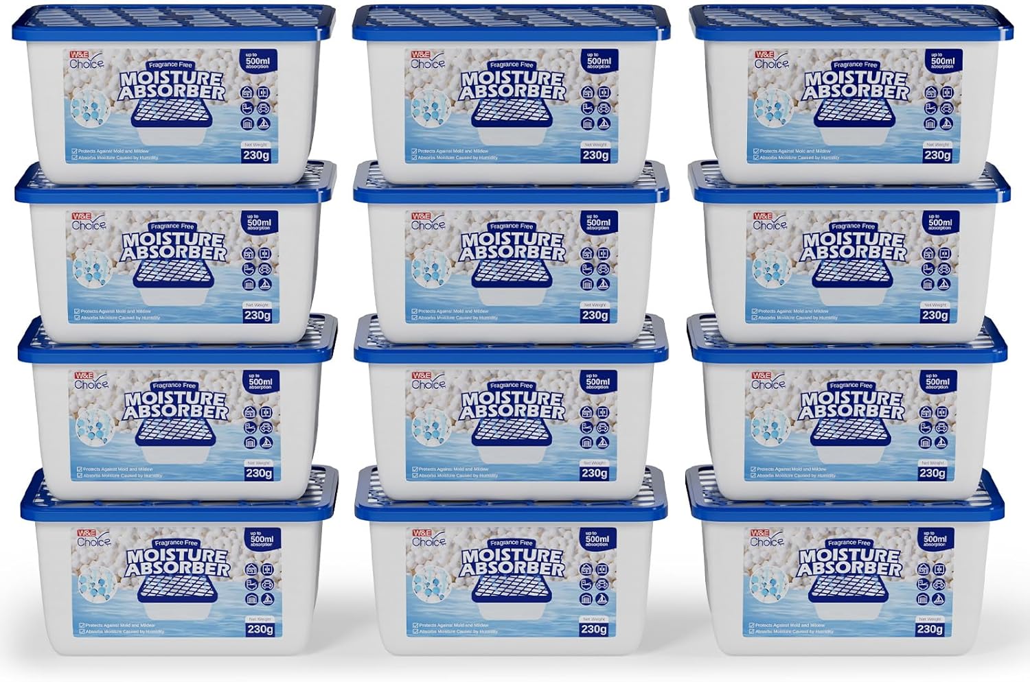 W&E Choice Moisture Absorbers, Portable Humidity Absorber Boxes for Your Bathroom, Closet & Car, Dehumidifier with Fragrance Free, 12 Pack