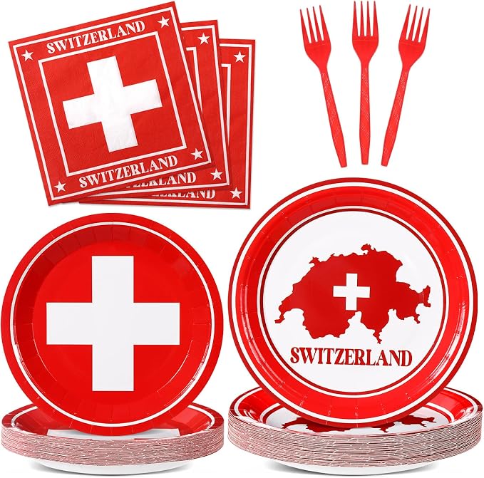 96pcs Switzerland Party Supplies Tableware Set Swiss Flag Party Paper Plates by partygreeting