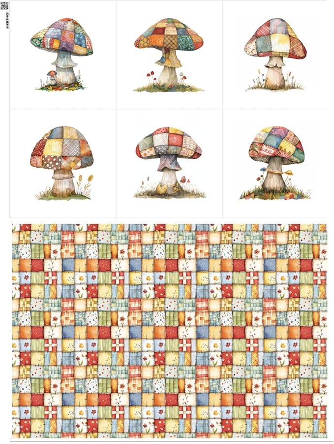 Patchwork Mushroom Cotton Fabric Panel – 6 Designs + Bonus Sheet 29.5×19.6 inch by FabricsTown