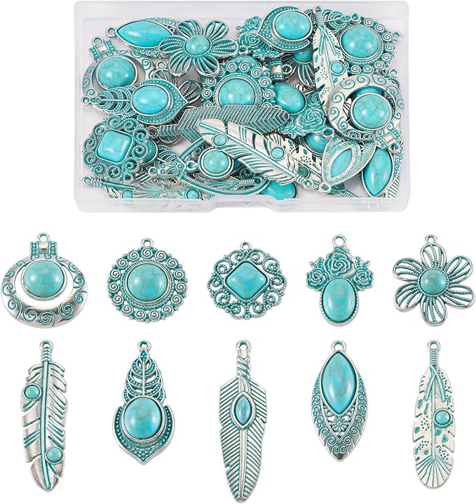 30Pcs Western Charms for Jewelry Making, Tibetan Style Turquoise Charms Flower - Image 7
