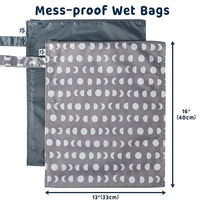 Tiny Twinkle Wet Dry Bag – 2 Pack Reusable Waterproof & Mess Proof Wet Bags for Swimsuits & Travel, Baby Towels & Beach Essentials,a Diaper Bag Must-Have(Luna)