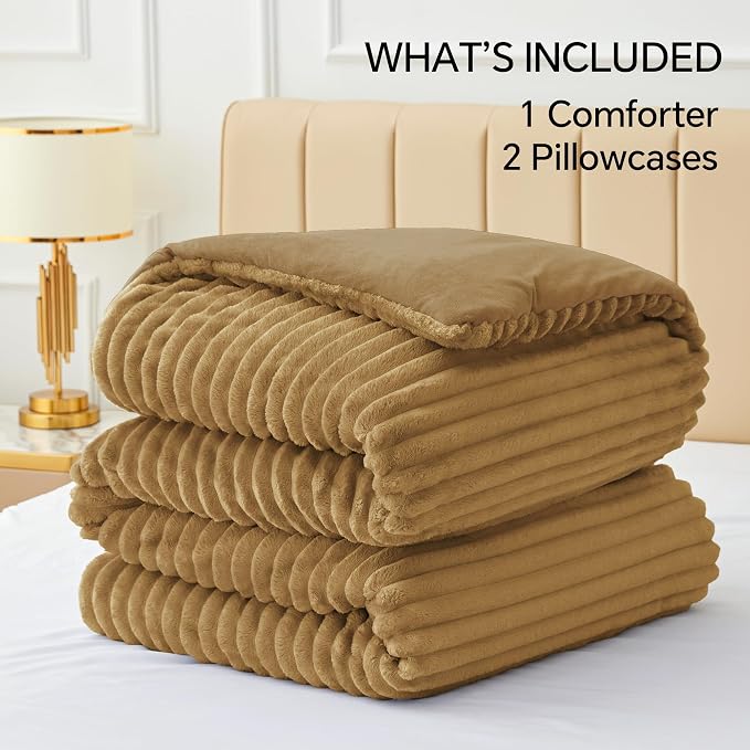 BEDELITE Fleece Full Comforter Set -Super Soft & Warm Fluffy Brown Bedding - Image 6