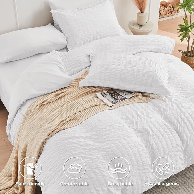 HYMOKEGE White Twin Comforter Set Seersucker 5 Pieces, All Season Luxury Bed in - Image 3
