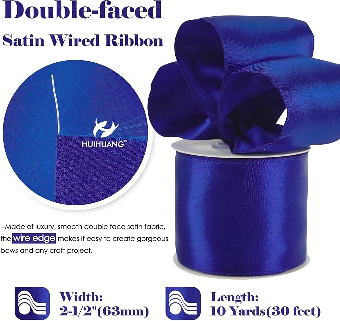 HUIHUANG Royal Blue Satin Wired Ribbon 2.5 inch 4th of July Cobalt Blue Wire - Image 2