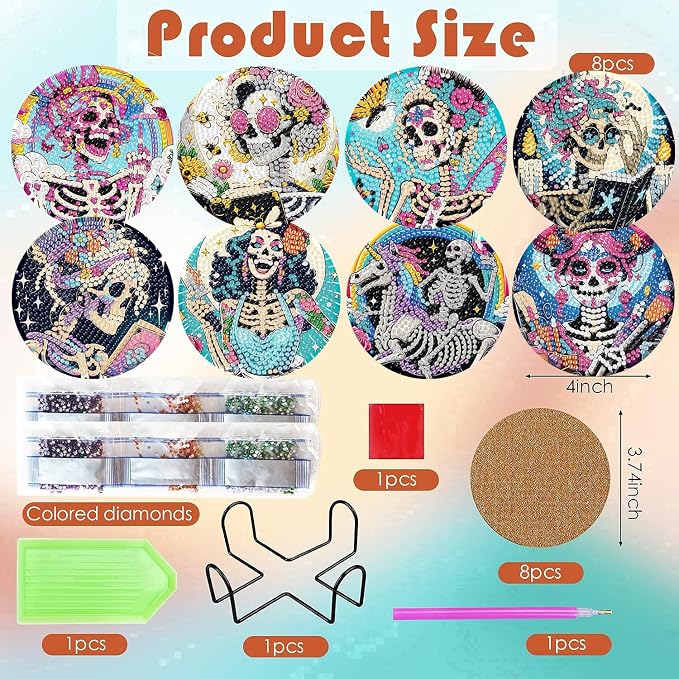 ijbnhd 8 PCS Skull Diamond Art Coasters Kit Diamond Painting Coasters | Skull - Image 3
