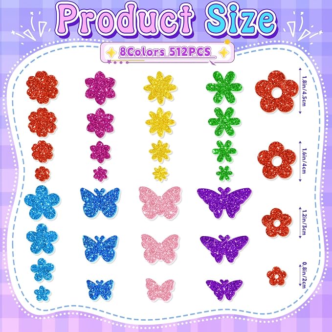 512 PCS Glitter Foam Stickers, Colorful Flower & Butterfly Shapes Foam Stickers - Image 2