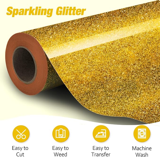VinylRus Gold Glitter HTV Heat Transfer Vinyl Roll-12 x 10ft Gold - Image 2