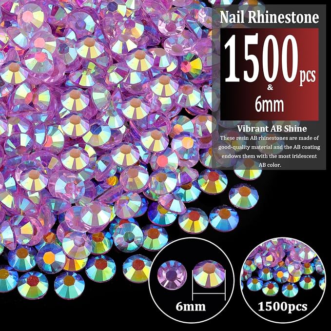 1500pcs 6mm Resin Rhinestones Bulk, Transparent Lavender Purple AB Flatback - Image 2